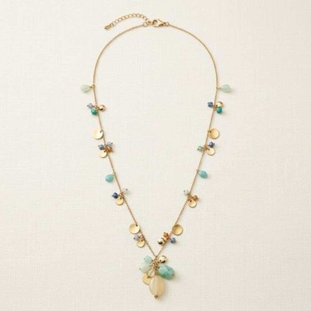 Chico’s Gold Tone Beaded Charm Statement Necklace Turquoise Discs 4" Extender
